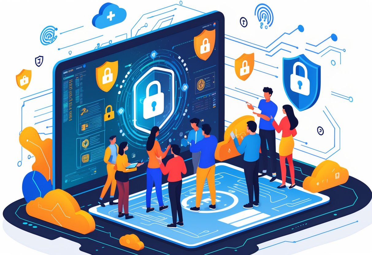 AI Student Portfolio Tools: Best Options for 2025 Success LearningMole A group of students and educators interacting with a digital interface showing icons for data security, privacy, and AI tools in a futuristic workspace.