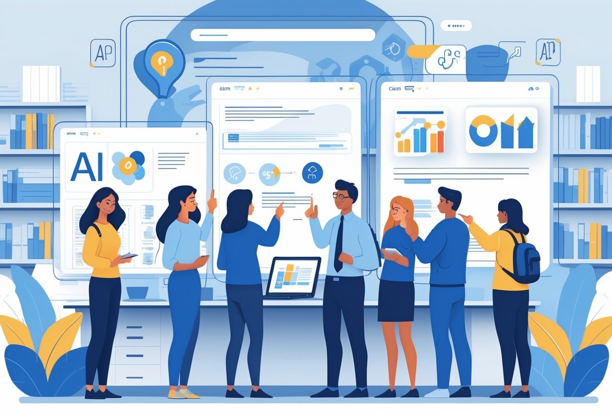 AI Student Portfolio Tools: Best Options for 2025 Success LearningMole A group of students and educators interacting with digital screens showing icons related to AI and portfolios in a bright educational workspace.
