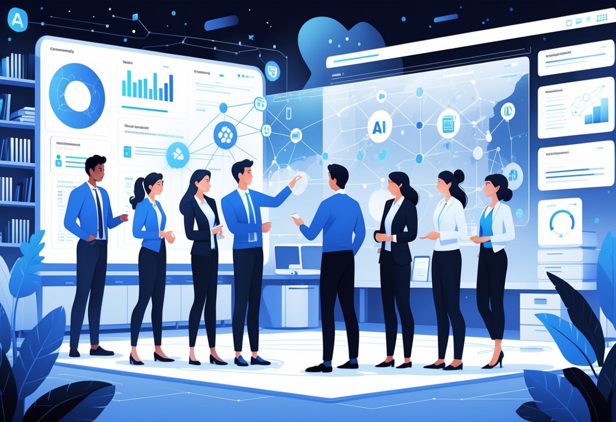 AI Future Ready Skills: Essential Abilities for Tomorrow’s Workforce Future Ready Skills LearningMole A group of professionals working together around a digital screen displaying AI concepts and skills in a modern office.