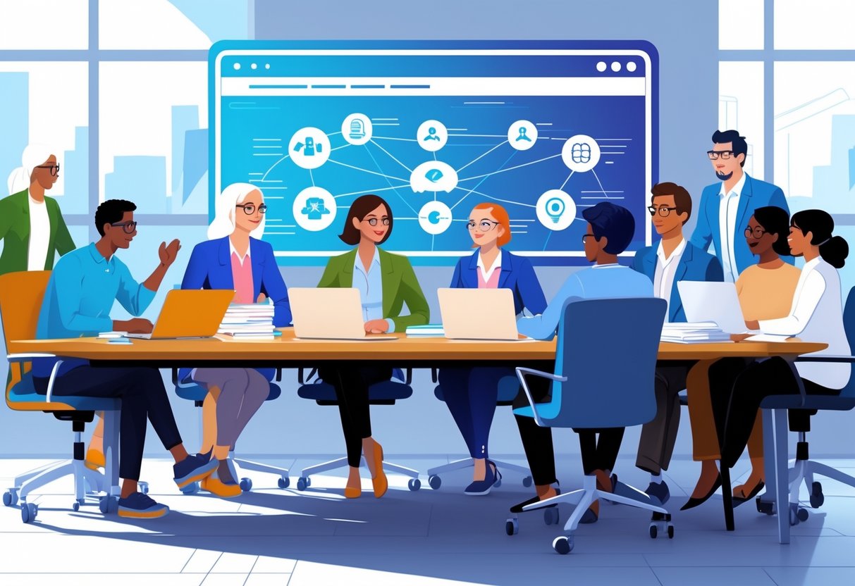 AI Education Implementation Guide: Practical Steps and Strategies LearningMole A group of diverse people sitting around a conference table discussing AI education implementation with digital devices and charts.