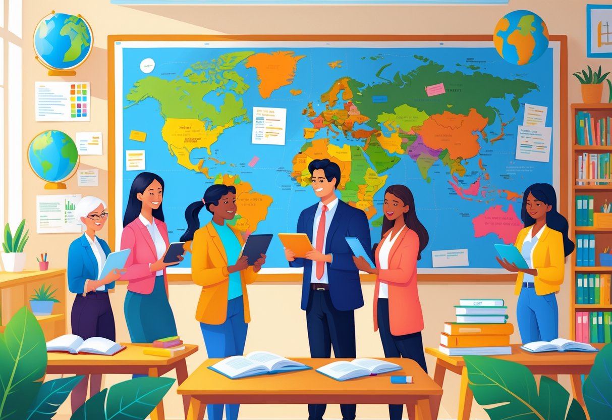 International Teaching Resources: Essential Tools and Support for Global Educators LearningMole A group of diverse teachers working together around a world map in a bright classroom filled with books and educational materials.