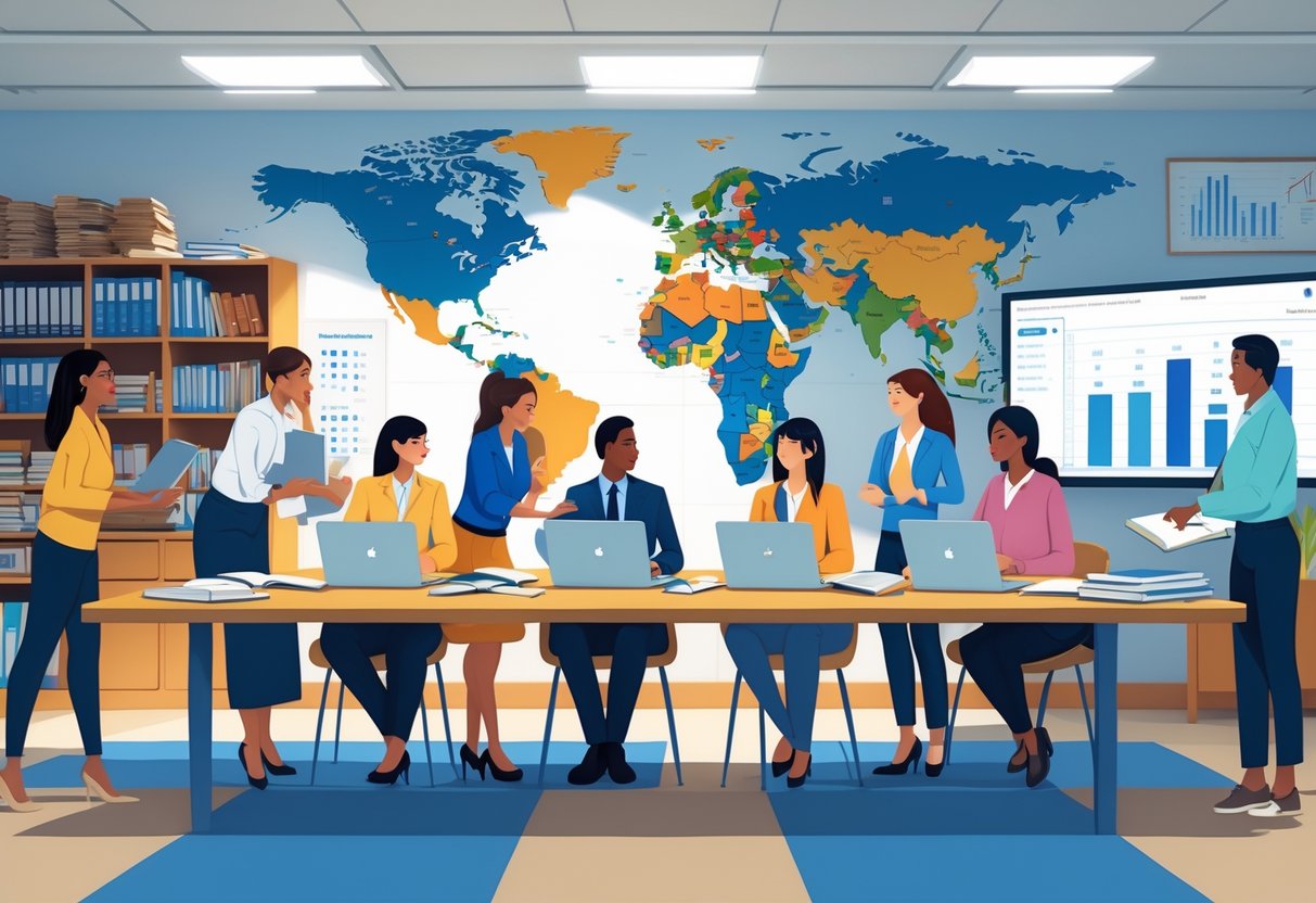 American School Resources International: Comprehensive Guide for Global Learning LearningMole A group of teachers and administrators collaborating in a modern international school room with educational materials, a world map, and digital screens.