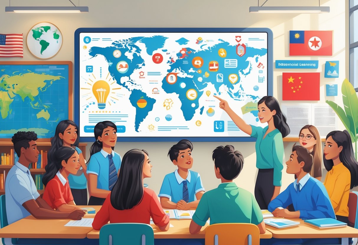 American School Resources International: Comprehensive Guide for Global Learning LearningMole A group of students and a teacher in a classroom looking at a large digital screen with educational icons and international symbols.