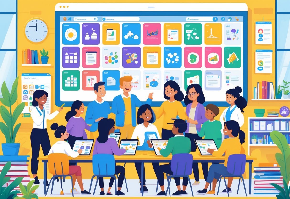 Pinterest Teaching Resources: Top Strategies and Boards for Educators LearningMole A group of teachers collaborating around a table with educational materials in a bright classroom, with a large screen showing various teaching resource boards in the background.