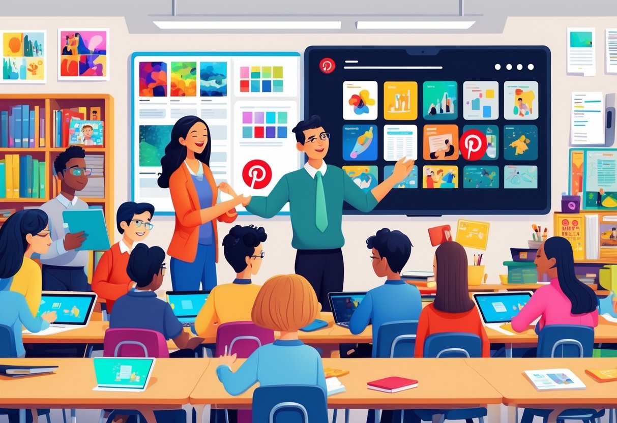 Pinterest Teaching Resources: Top Strategies and Boards for Educators LearningMole A teacher and students in a classroom using tablets and laptops with colourful pins and boards representing educational content on a large digital screen.