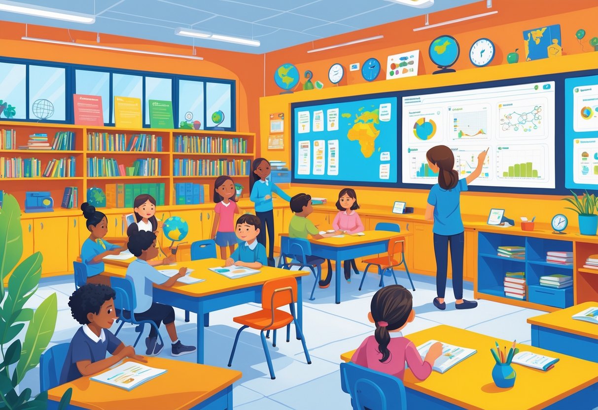 Pinterest Teaching Resources: Top Strategies and Boards for Educators LearningMole A classroom with children of various ages learning together using books, tablets, and educational tools, guided by a teacher near an interactive whiteboard.