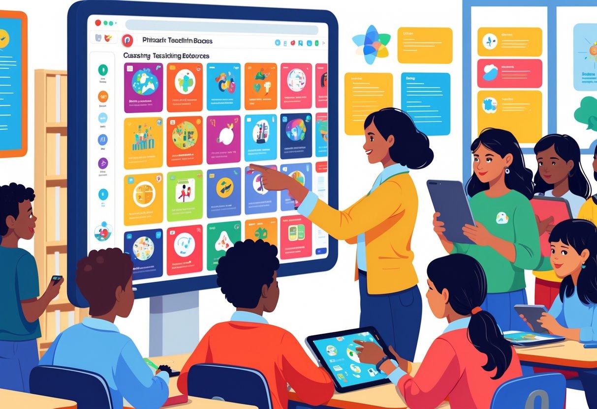Pinterest Teaching Resources: Top Strategies and Boards for Educators LearningMole A teacher customising educational resources on a large touchscreen in a classroom with engaged students around.