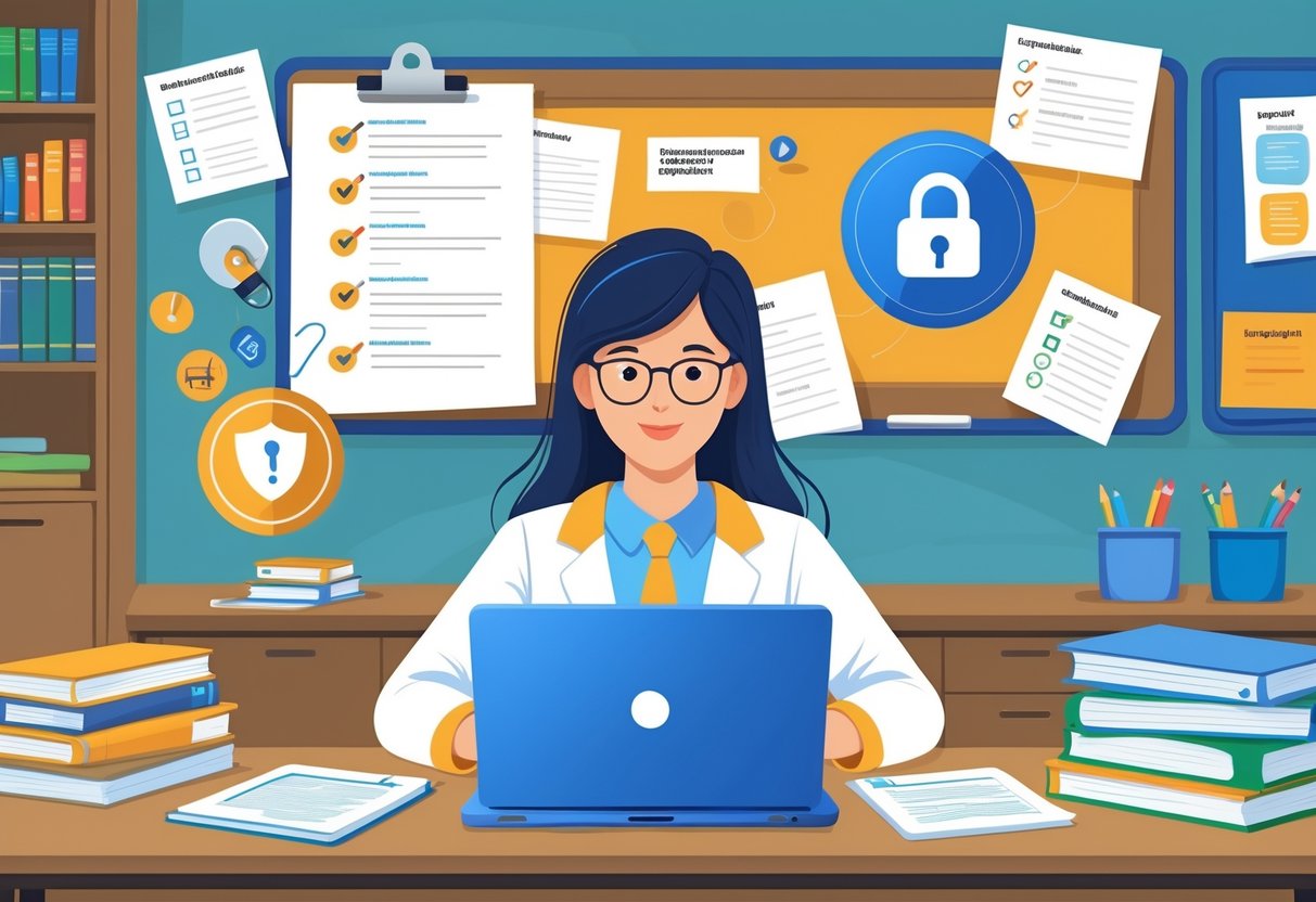 Pinterest Teaching Resources: Top Strategies and Boards for Educators LearningMole A teacher in a classroom using a laptop with icons representing digital safety and copyright, surrounded by educational materials and a bulletin board with pinned notes.