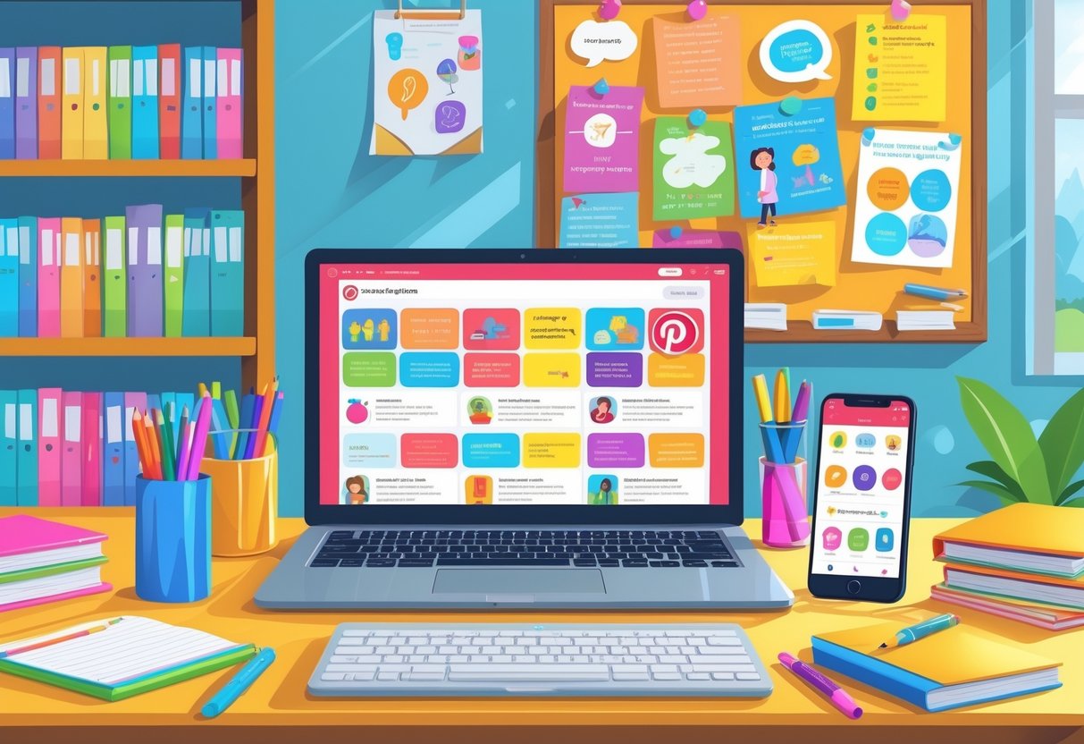 Pinterest Teaching Resources: Top Strategies and Boards for Educators LearningMole A workspace with a laptop showing an educational Pinterest board, surrounded by notebooks, markers, a smartphone, and a bookshelf filled with teaching materials.