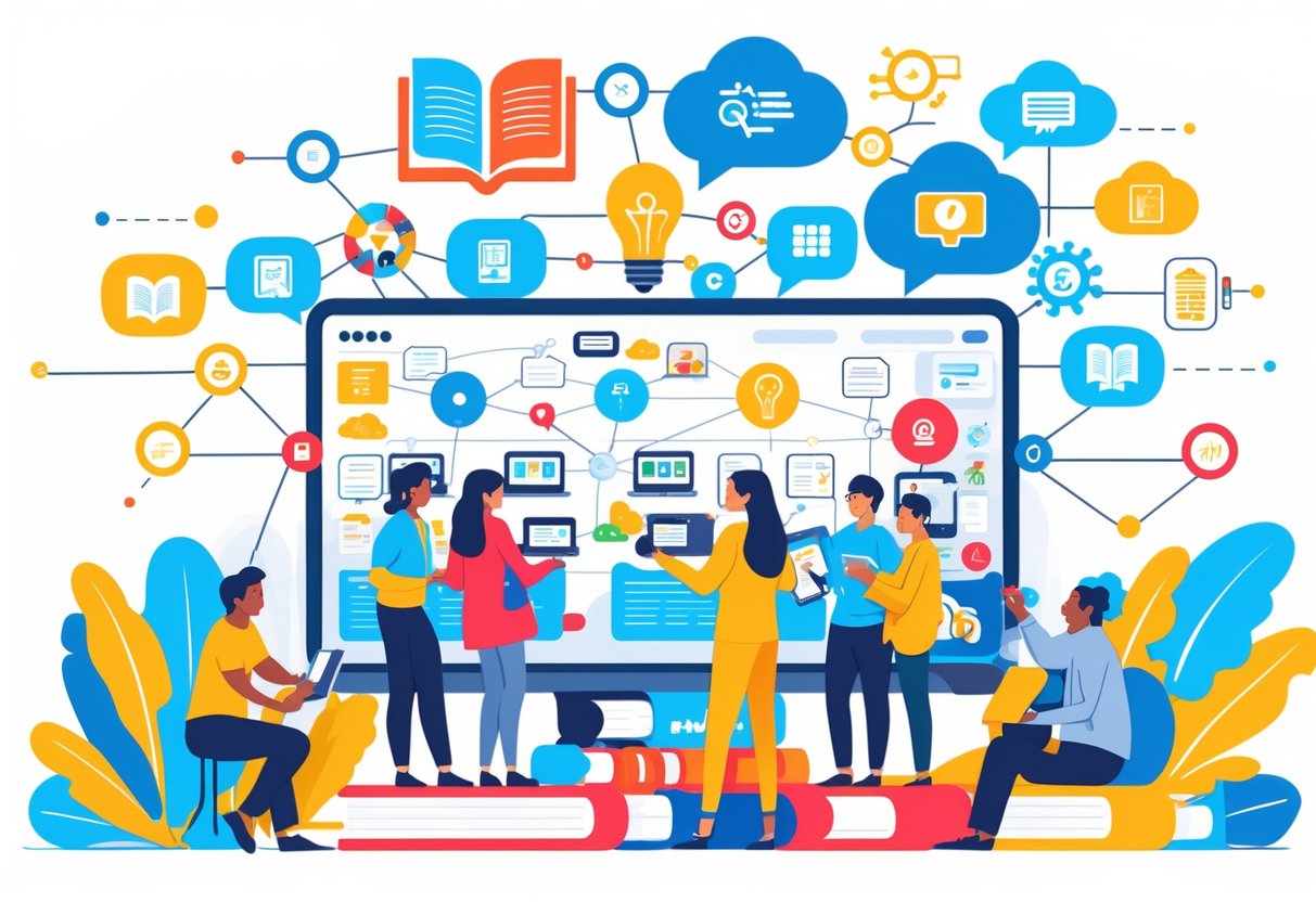 Open Educational Resources: Guide to OER for Accessible Learning LearningMole A group of learners and educators using digital devices and interacting in a bright classroom, surrounded by symbols representing knowledge sharing and collaboration.