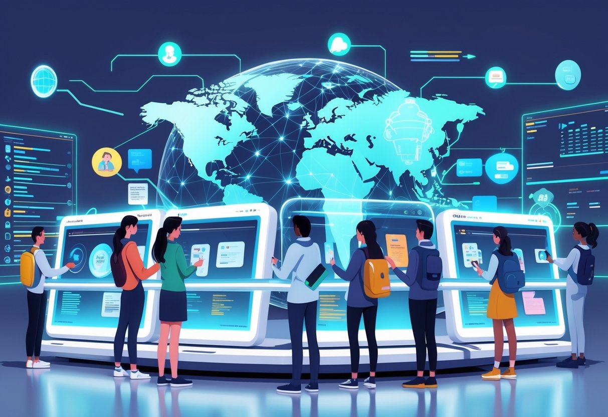 Open Educational Resources: Guide to OER for Accessible Learning LearningMole A digital classroom where students and teachers use futuristic touchscreens, virtual reality, and AI tools to access and share educational content globally.