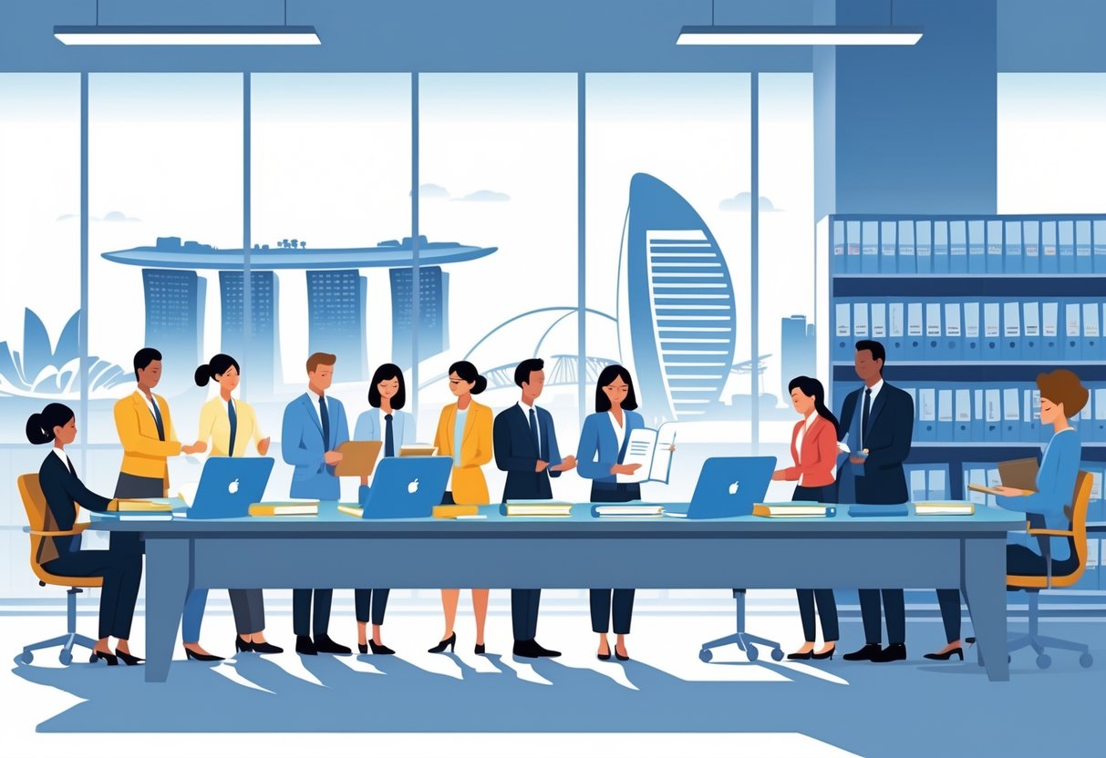 Teaching Resources Singapore: Essential Tools for Educators LearningMole A group of government officials and educators working together around a table with documents and digital devices in a bright office with views of Singapore landmarks.