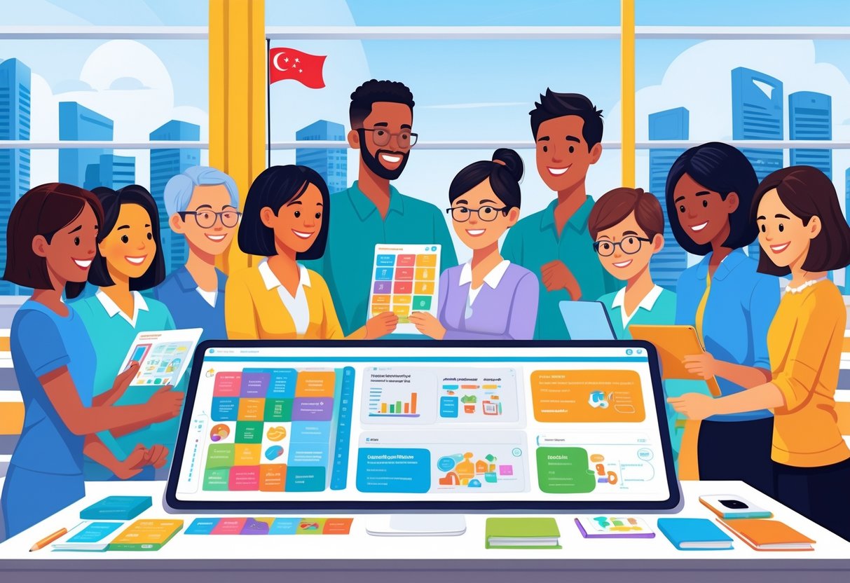Teaching Resources Singapore: Essential Tools for Educators LearningMole A group of educators in a modern classroom in Singapore collaborating around a digital table with teaching materials, sharing ideas and working together.