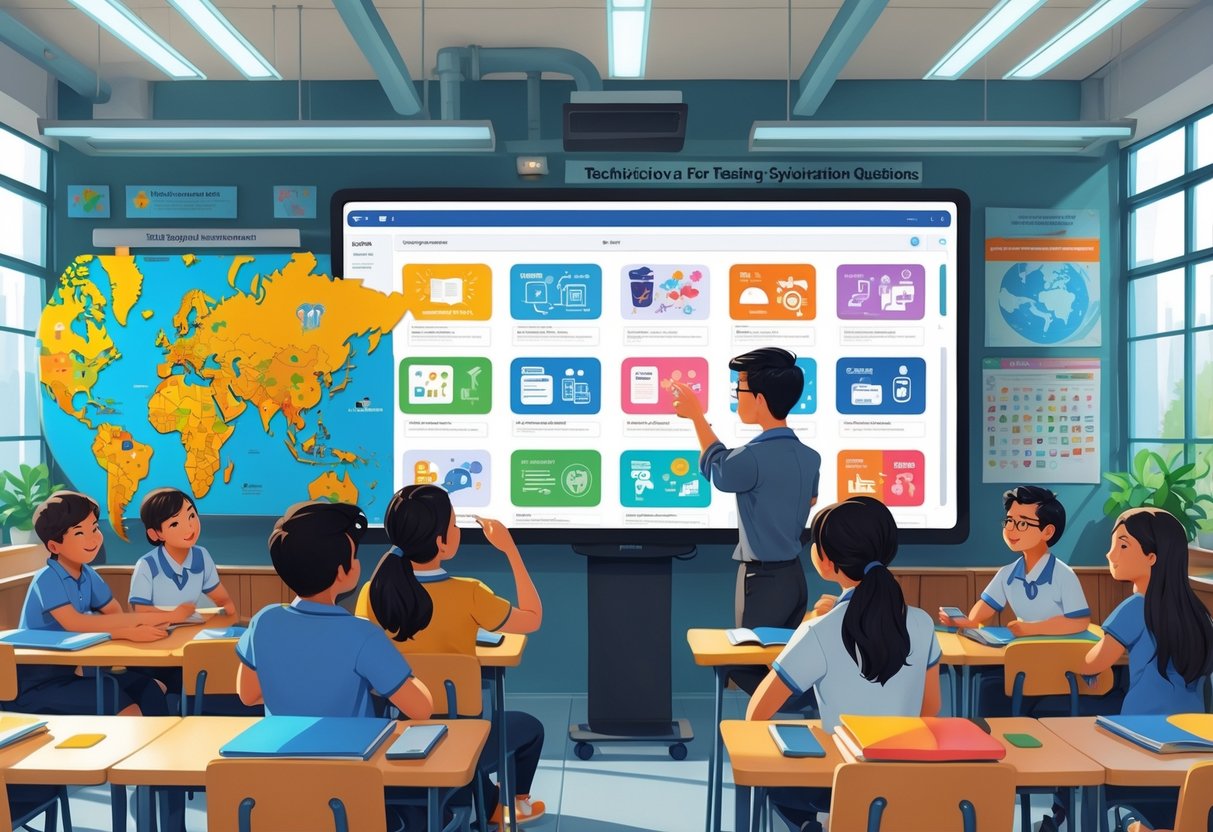 Teaching Resources Singapore: Essential Tools for Educators LearningMole A classroom in Singapore where a teacher and students are gathered around a digital screen showing educational icons, with books and tablets on desks and a world map on the wall.