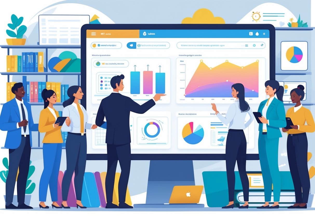 Video Learning Management: The Ultimate Guide to Modern Training LearningMole A group of professionals in an office gathered around a large touchscreen display showing video learning features and charts.