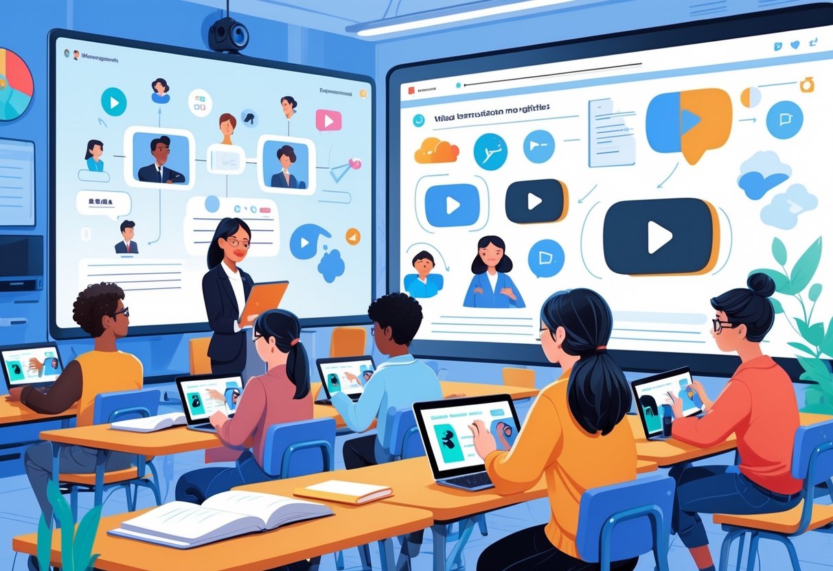 Students using tablets and laptops in a classroom while a teacher guides them, with an interactive screen showing video and learning icons.
