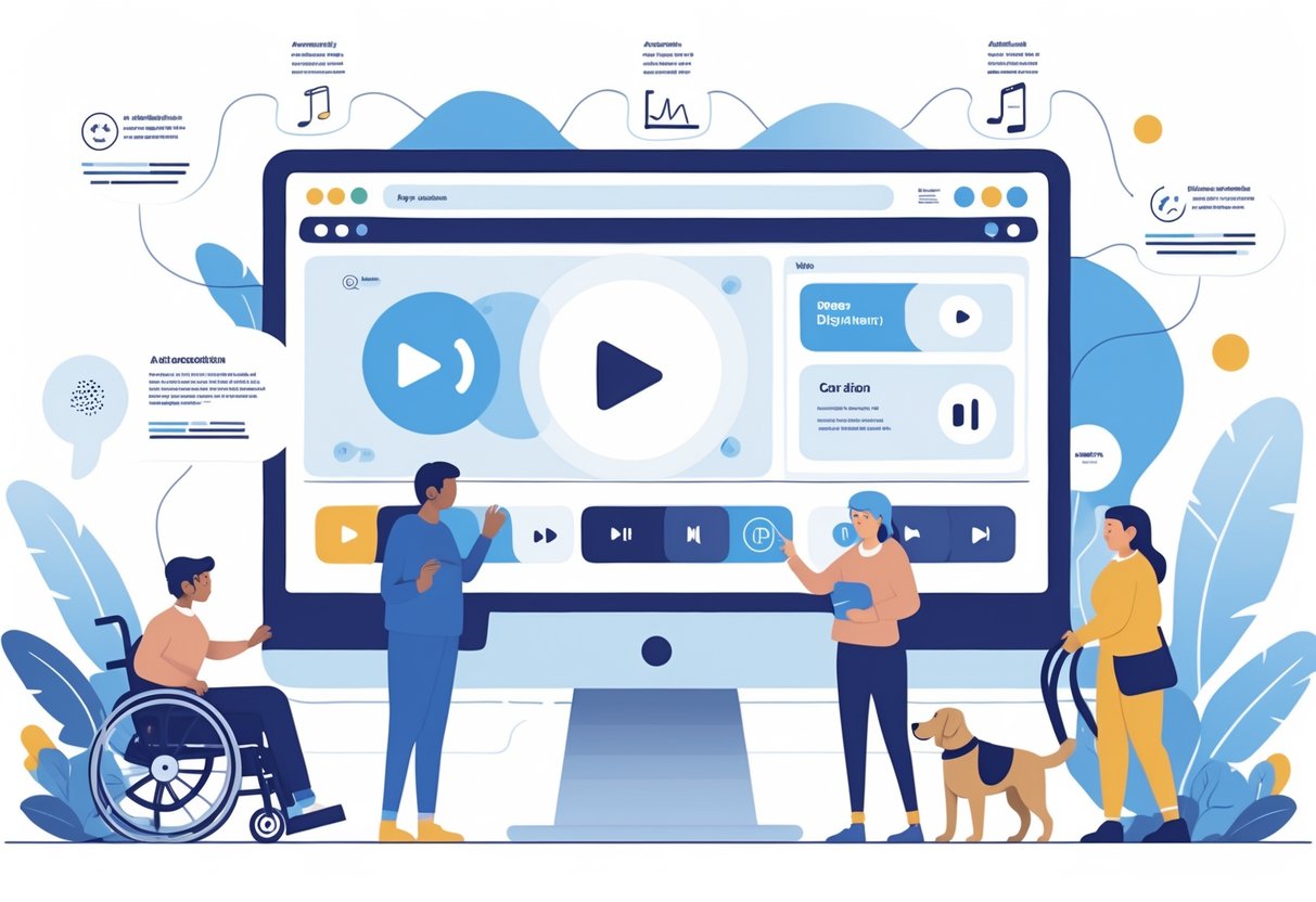Video Accessibility Education: Making Learning Inclusive for All LearningMole A group of diverse people using an accessible video player on a computer screen, showing features like captions and audio description controls.