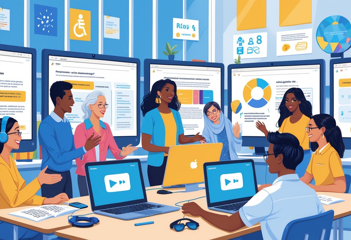Video Accessibility Education: Making Learning Inclusive for All LearningMole A group of diverse educators collaborating in a classroom using accessible video resources with assistive technology.