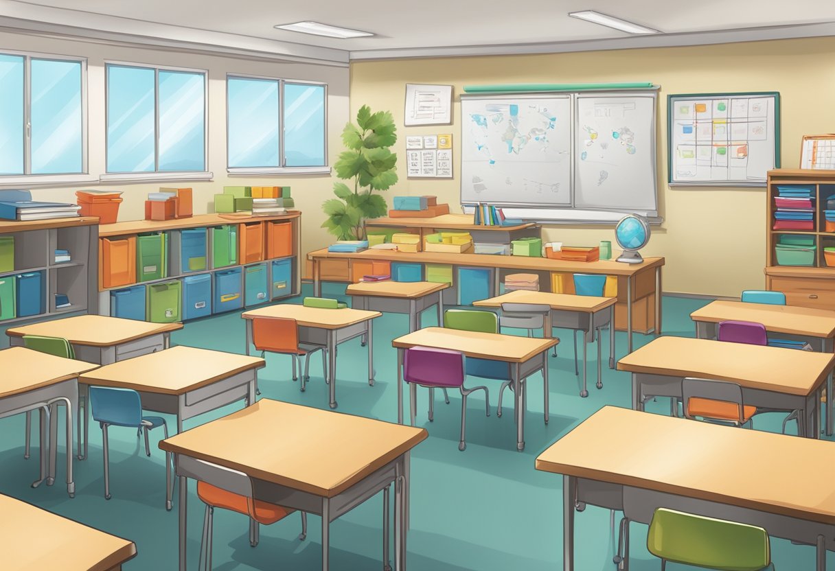Classroom Resources: A classroom with neatly organized desks, shelves filled with educational materials, and a whiteboard displaying a well-structured lesson plan