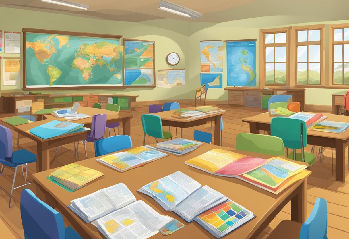 Australian Education: A classroom filled with colorful educational materials, maps, and charts depicting Australian history, geography, and culture