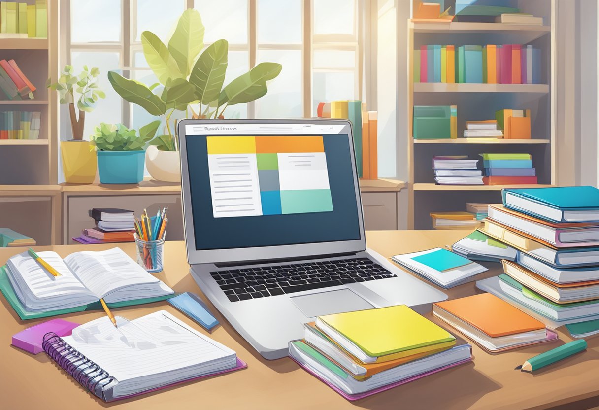 Australian Education: An organized desk with colorful lesson plans, textbooks, and educational resources from Australian curriculum