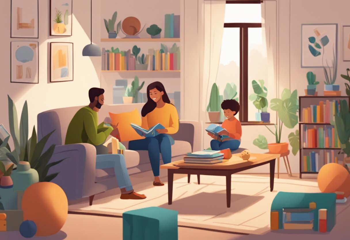 Australian Education: A cozy living room with a parent and child sitting together, surrounded by educational books, toys, and interactive learning materials