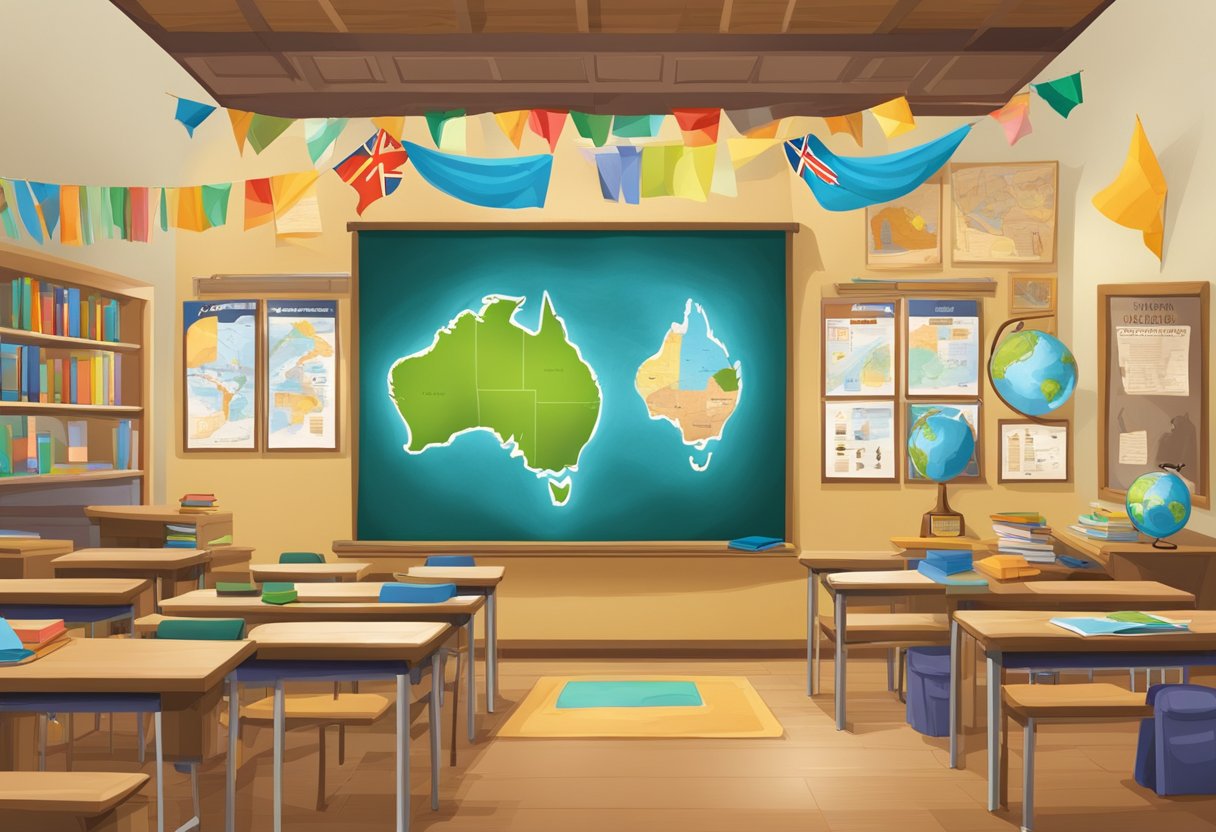 Australian Education: A classroom filled with colorful educational materials, maps, and posters depicting Australian culture and history