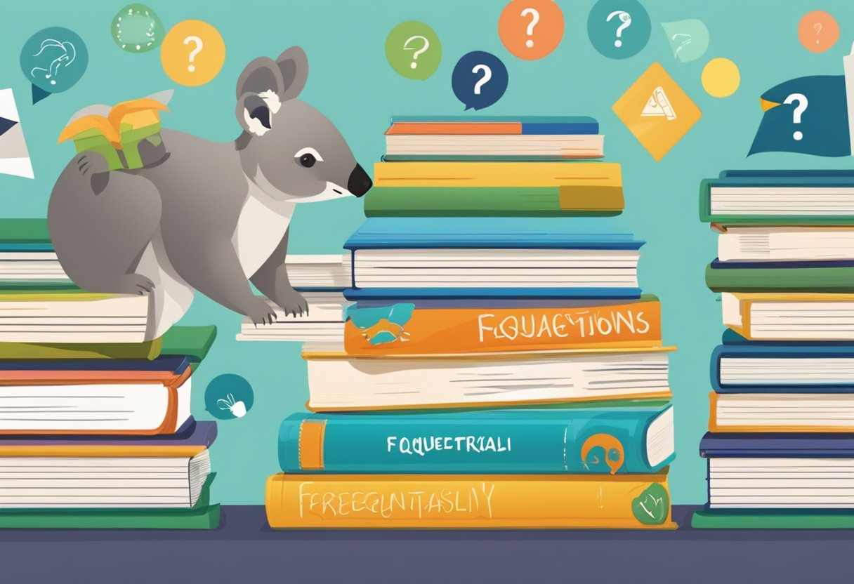Australian Education: A stack of educational books and pamphlets with a "Frequently Asked Questions" heading, surrounded by Australian symbols like a kangaroo and a koala