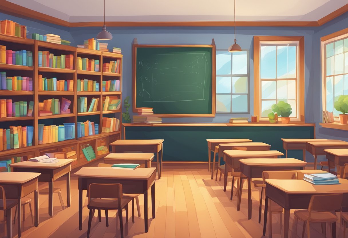 Irish curriculum: A cozy classroom with colorful posters, shelves filled with books, and a chalkboard displaying subjects like history, math, and literature