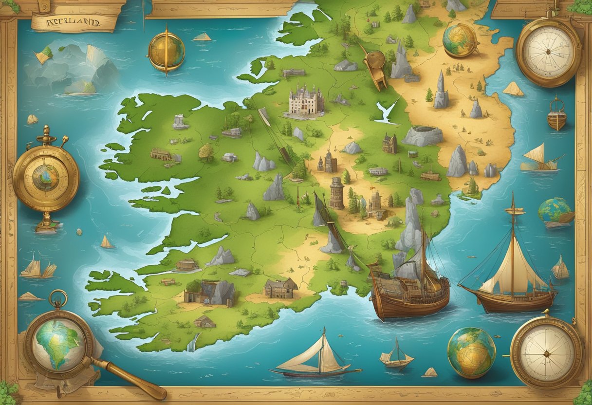 Irish curriculum: A map of Ireland surrounded by geographical tools and resources, such as compasses, globes, and books, with a sense of exploration and discovery
