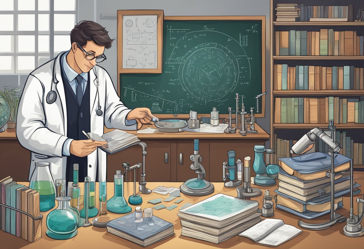 Irish curriculum: A scientist examines a microscope slide, surrounded by books and scientific equipment. A chalkboard displays complex formulas and diagrams