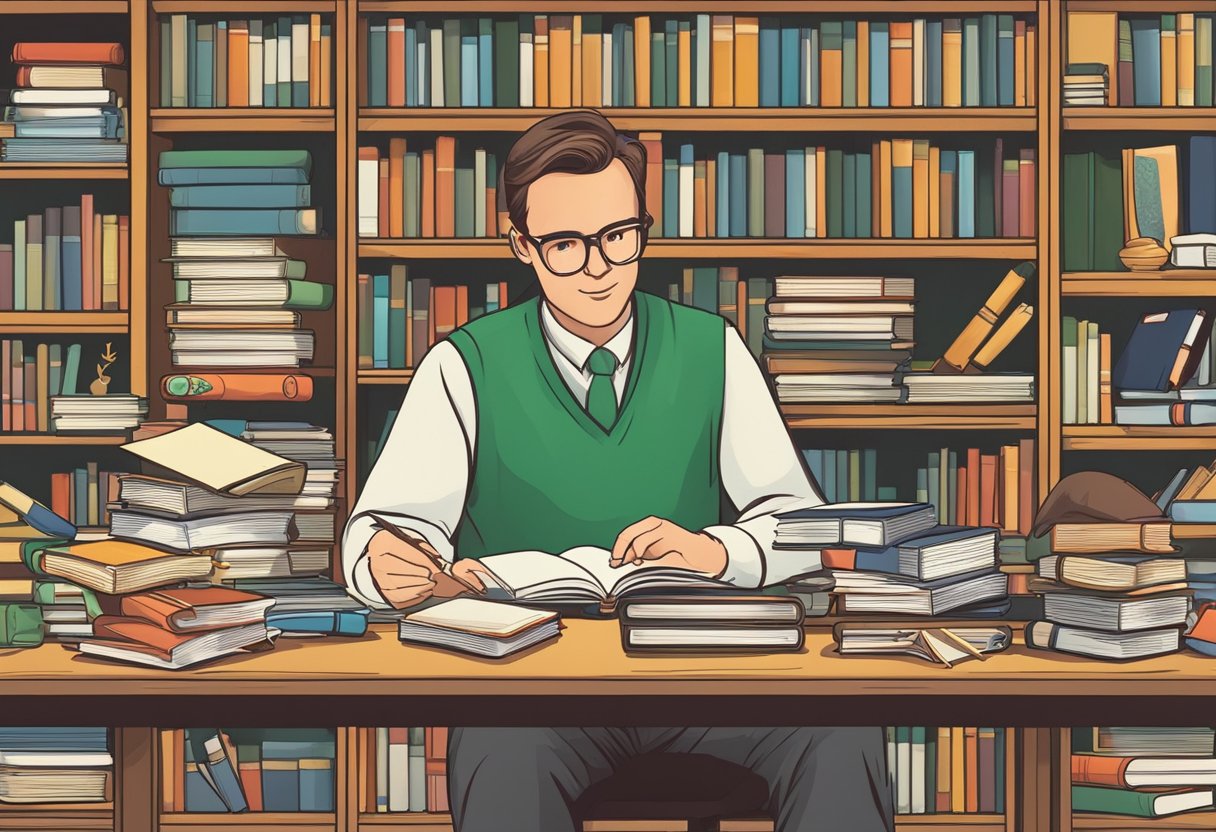 Irish curriculum: A teacher surrounded by various educational resources, including books, digital media, and teaching aids, while evaluating and selecting materials for the Irish curriculum