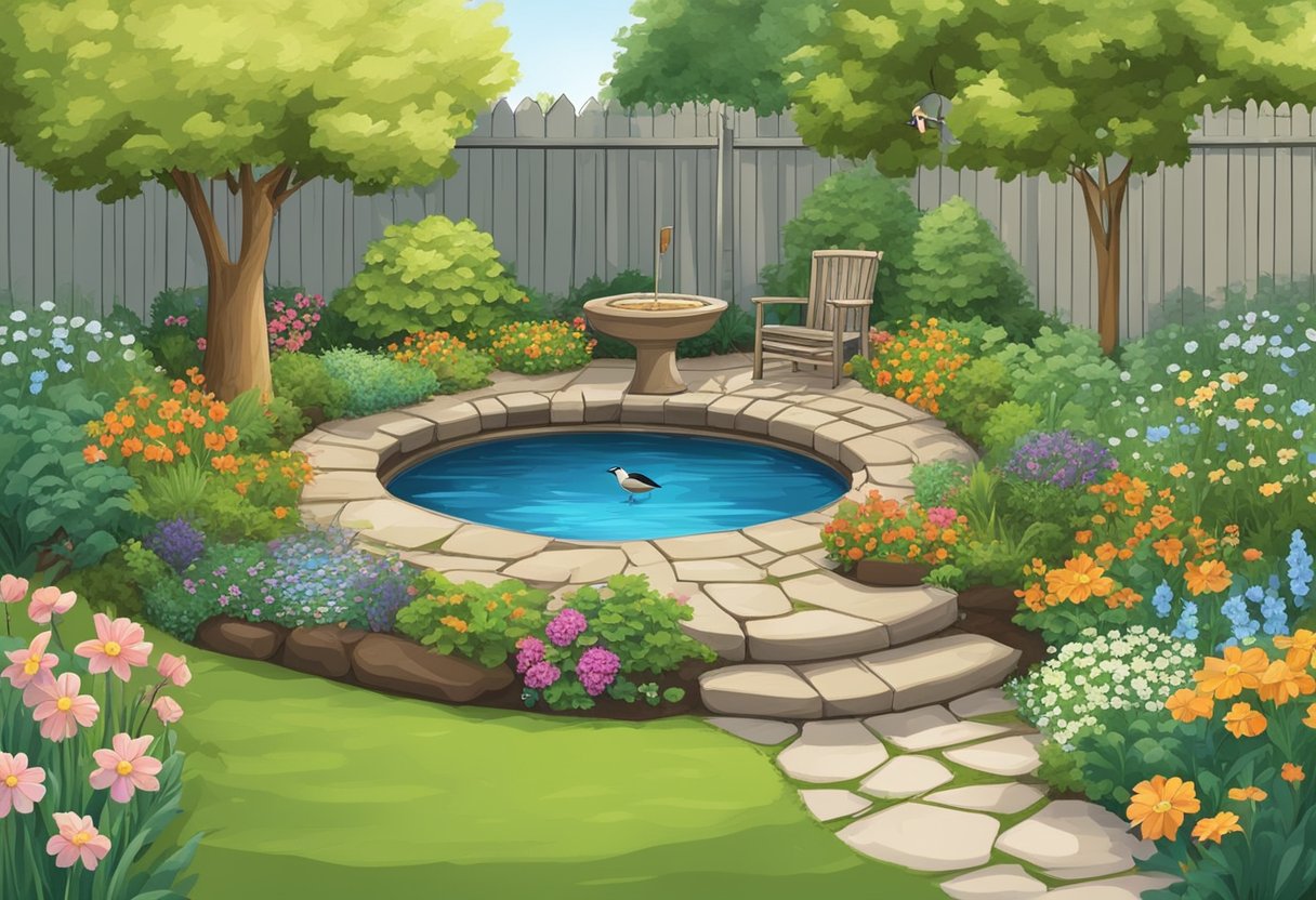 KS1 Science Experiments at Home: Simple and Fun Activities for Young Explorers Science Experiments,science LearningMole Science Experiments at Home: A backyard with a small garden, bird feeder, and compost bin. Trees, flowers, and insects are present. A small pond or water feature is visible