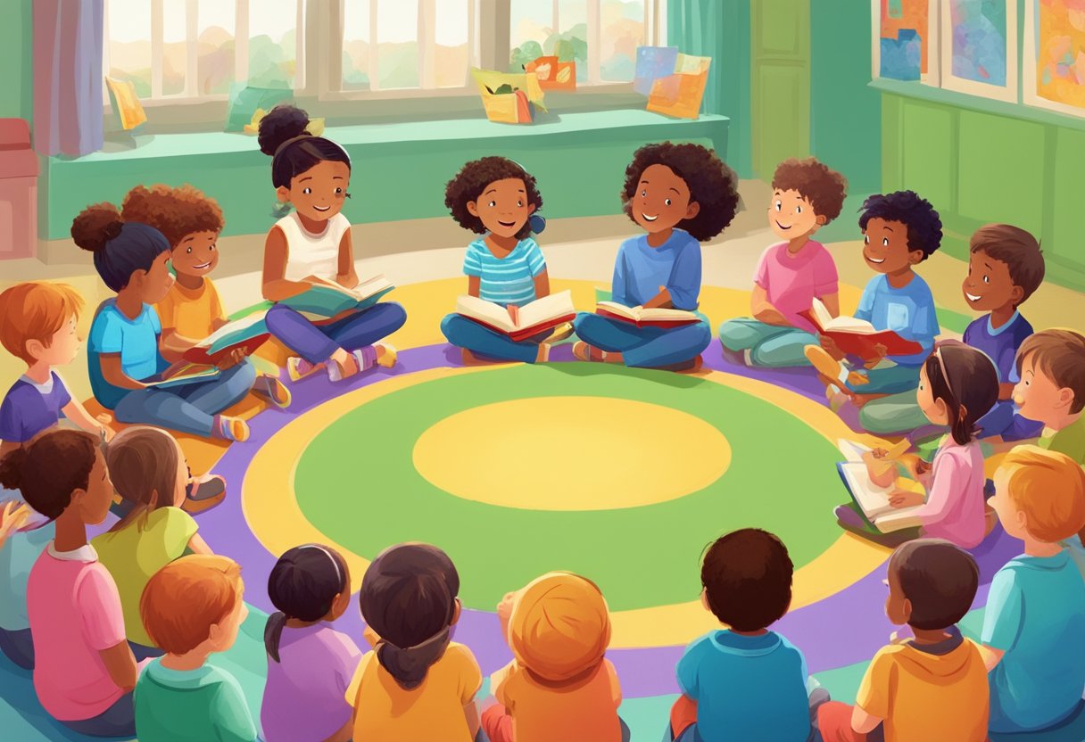 Benefits of Storytelling in Early Childhood Education: Fostering Imagination and Learning benefits of storytelling,storytelling LearningMole Benefits of Storytelling: A group of young children sit in a circle, captivated by a teacher reading a colorful storybook aloud. The room is filled with excitement and wonder as the children engage with the storytelling experience
