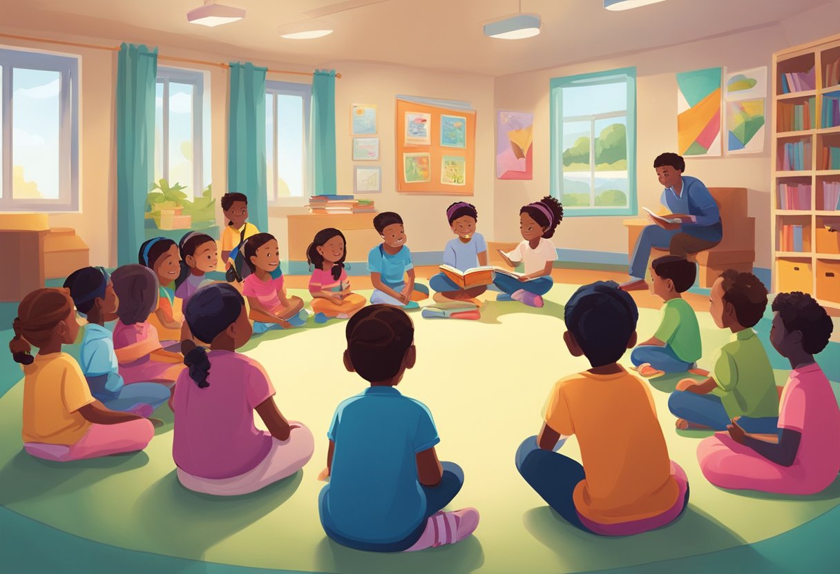 Benefits of Storytelling in Early Childhood Education: Fostering Imagination and Learning benefits of storytelling,storytelling LearningMole Benefits of Storytelling: A group of young children sit in a circle, listening intently to a teacher reading a colorful storybook. The room is filled with bright, engaging visuals and props that enhance the storytelling experience