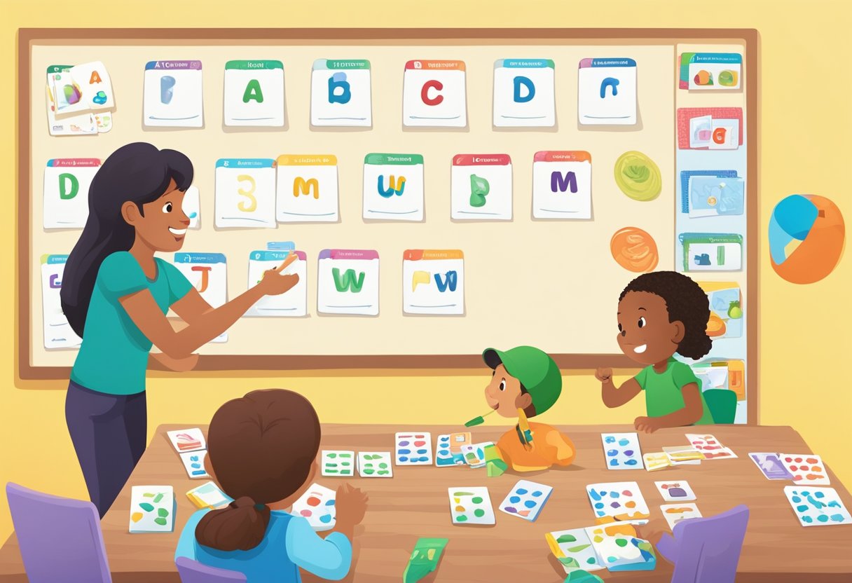 Phonics Activities for Early Years: Fun Ways to Support Your Child's Reading Journey Phonics Activities,Early Years,Reading LearningMole Colorful phonics activity materials arranged on a table with alphabet cards, letter blocks, and picture cards. A teacher points to a word chart on the wall