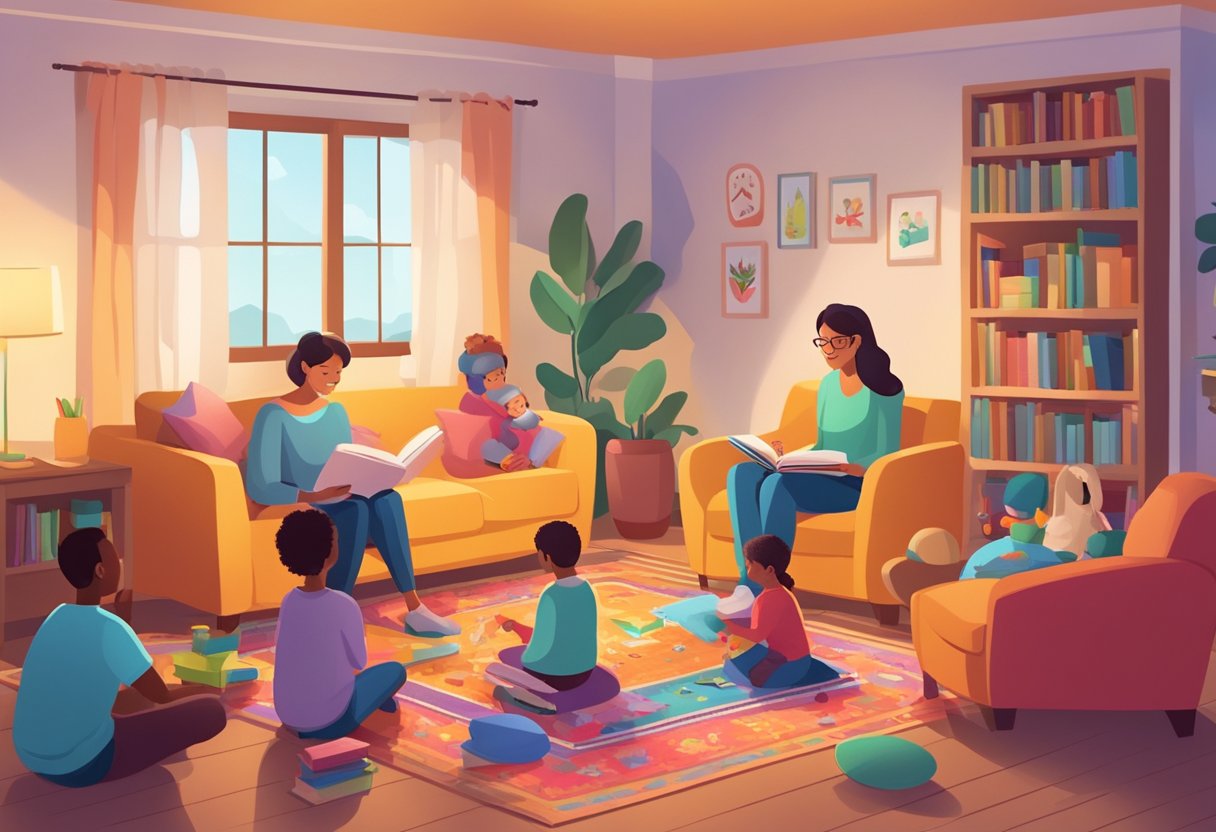 A cozy living room with a parent reading aloud to a group of attentive children sitting on a colorful rug surrounded by books and educational toys