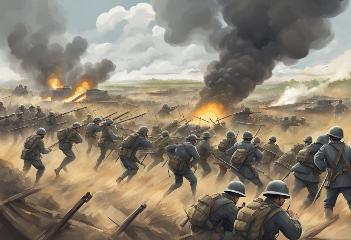 Interactive Lessons on World Wars: Understanding Global Conflicts World Wars,Interactive Lessons,conflict LearningMole A battlefield with trenches, barbed wire, and artillery. Smoke and explosions fill the air as soldiers engage in combat