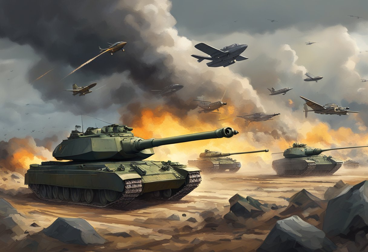 Interactive Lessons on World Wars: Understanding Global Conflicts World Wars,Interactive Lessons,conflict LearningMole A stormy battlefield with tanks, planes, and explosions