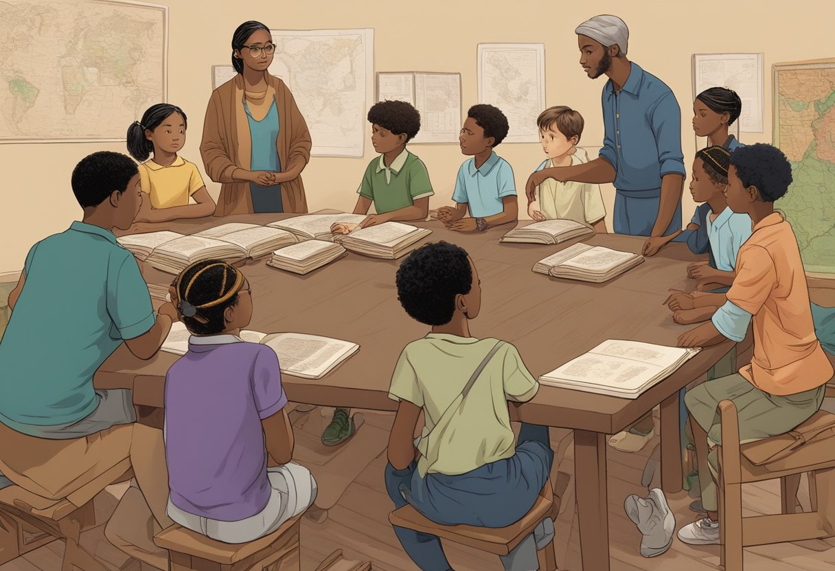 How to Teach Kids about Historical Figures: Fun and Engaging Ways historical figures LearningMole A group of children of various ethnicities and backgrounds gather around a table covered in books and artifacts, listening intently as a teacher points to a world map and gestures to different historical figures