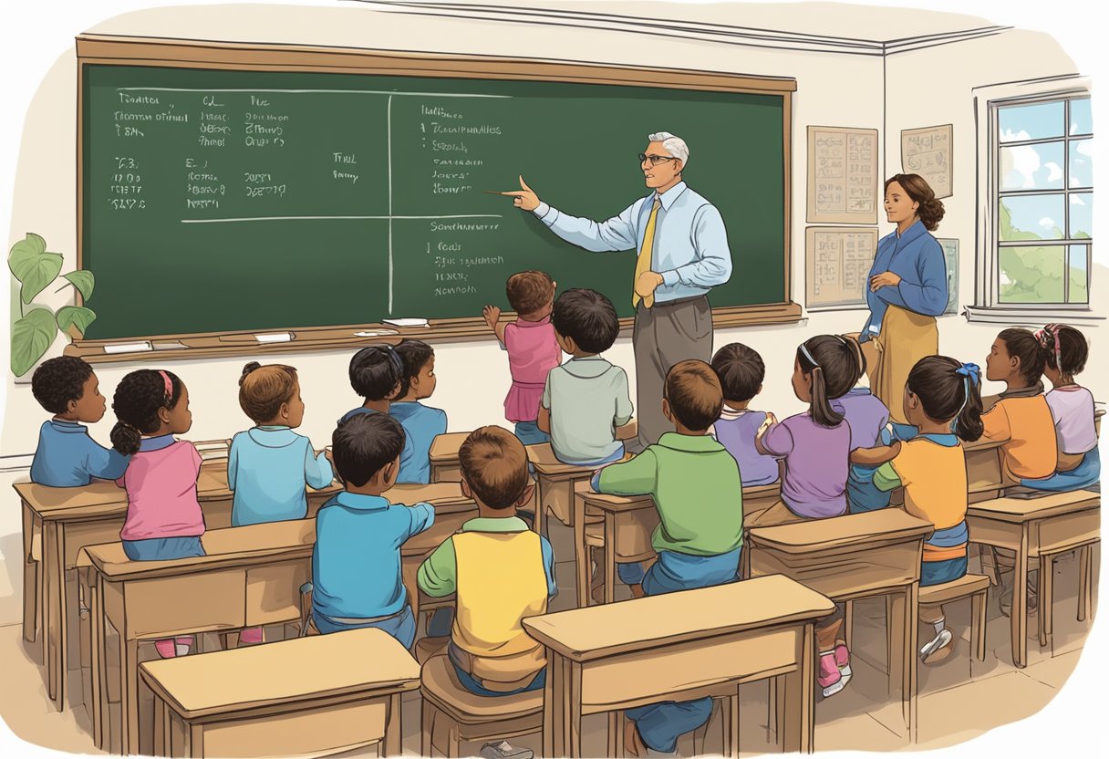 How to Teach Kids about Historical Figures: Fun and Engaging Ways historical figures LearningMole A classroom setting with a teacher pointing to a timeline of historical figures on a chalkboard, while children listen attentively in their seats