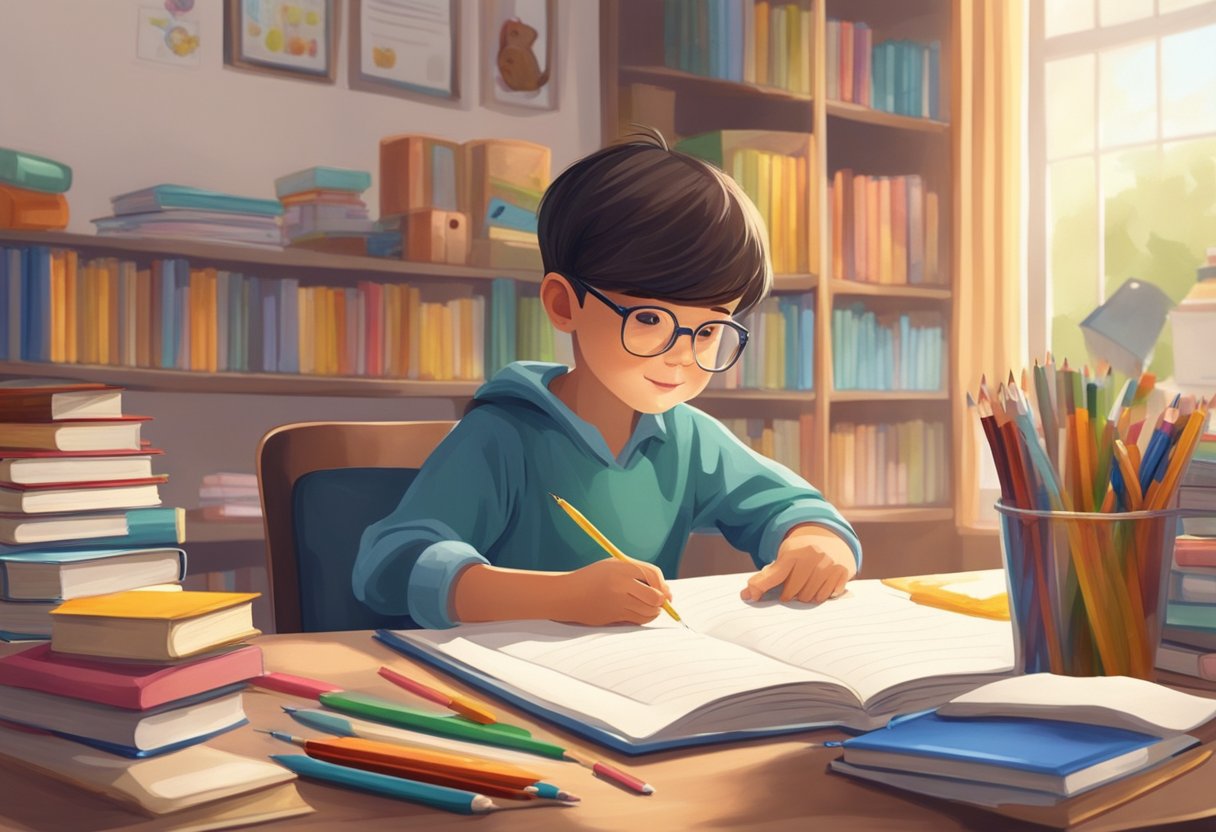 Handwriting Practice: Enhancing Learning Benefits Through Pen and Paper Handwriting Practice LearningMole A child sitting at a desk, surrounded by books and school supplies, diligently practicing handwriting exercises in a well-lit room