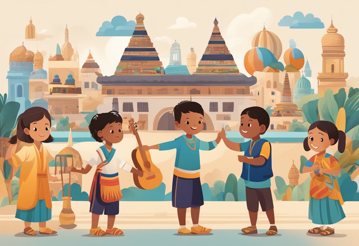 Language Learning Activities for Kids: Boost Bilingual Skills at Home Language Learning,activities LearningMole Children engaged in traditional cultural activities, surrounded by local landmarks and symbols, interacting with native speakers