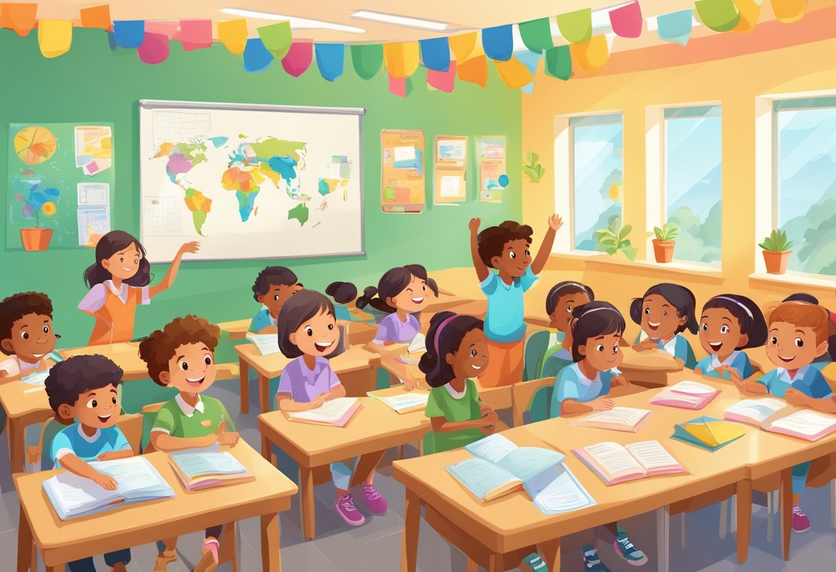 Language Learning Activities for Kids: Boost Bilingual Skills at Home Language Learning,activities LearningMole A colorful classroom with kids engaged in language learning activities, charts tracking progress, and a celebratory banner hanging on the wall