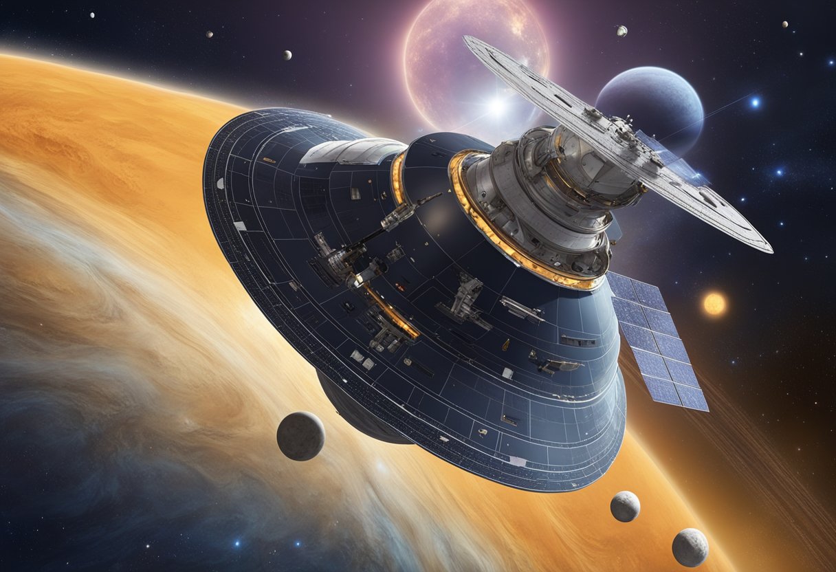 A spacecraft explores the solar system, passing by planets and moons, while distant stars and galaxies fill the background