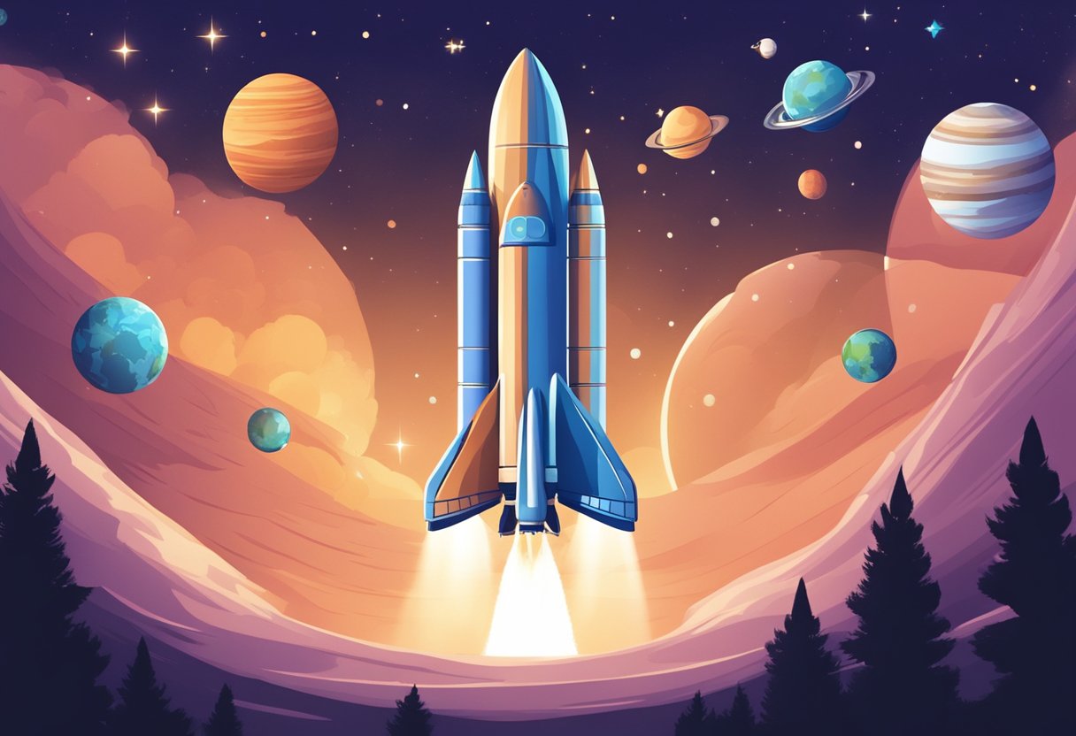 A rocket launching into space with planets and stars in the background