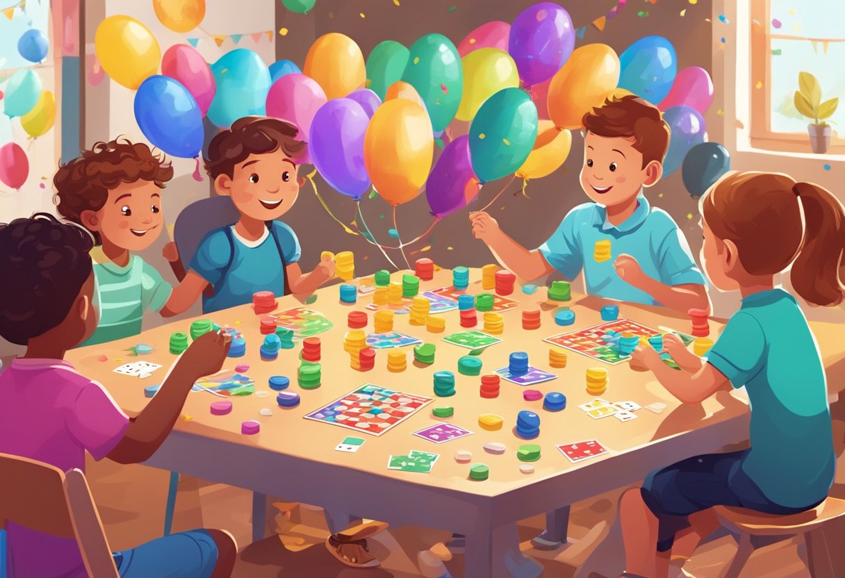 Logic Games Activities for Kids: Fun Ways to Boost Problem-Solving Skills Logic Games LearningMole Logic Games Activities for Kids: Children playing logic games at a colorful, festive table with various game pieces and cards scattered around. Bright, happy atmosphere with balloons and confetti