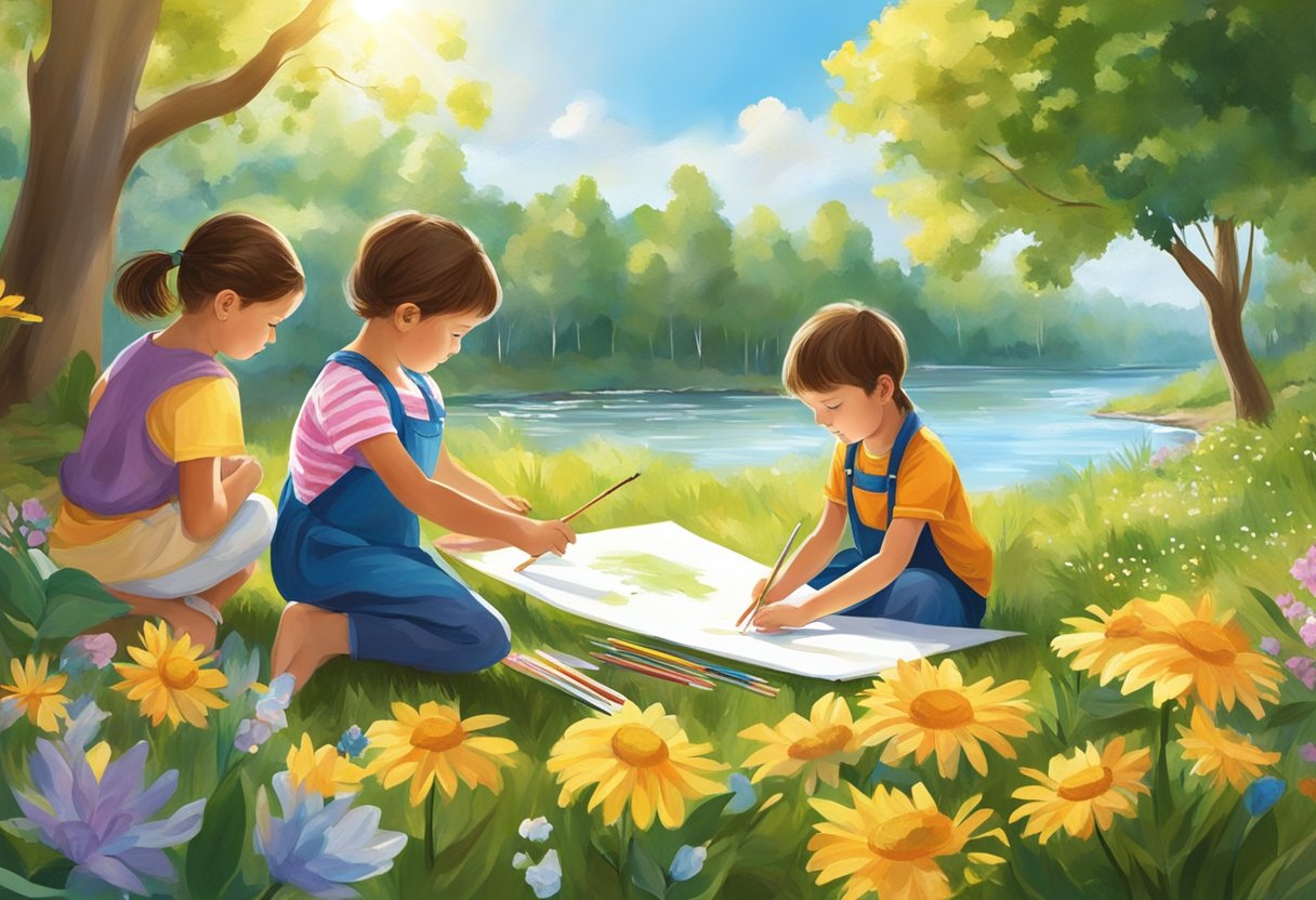 Nature and Environment Activities for Kids: Fun Outdoor Adventures Nature and Environment Activities,children LearningMole Children painting and drawing outdoors surrounded by trees, flowers, and wildlife, with a river flowing nearby and the sun shining in the sky