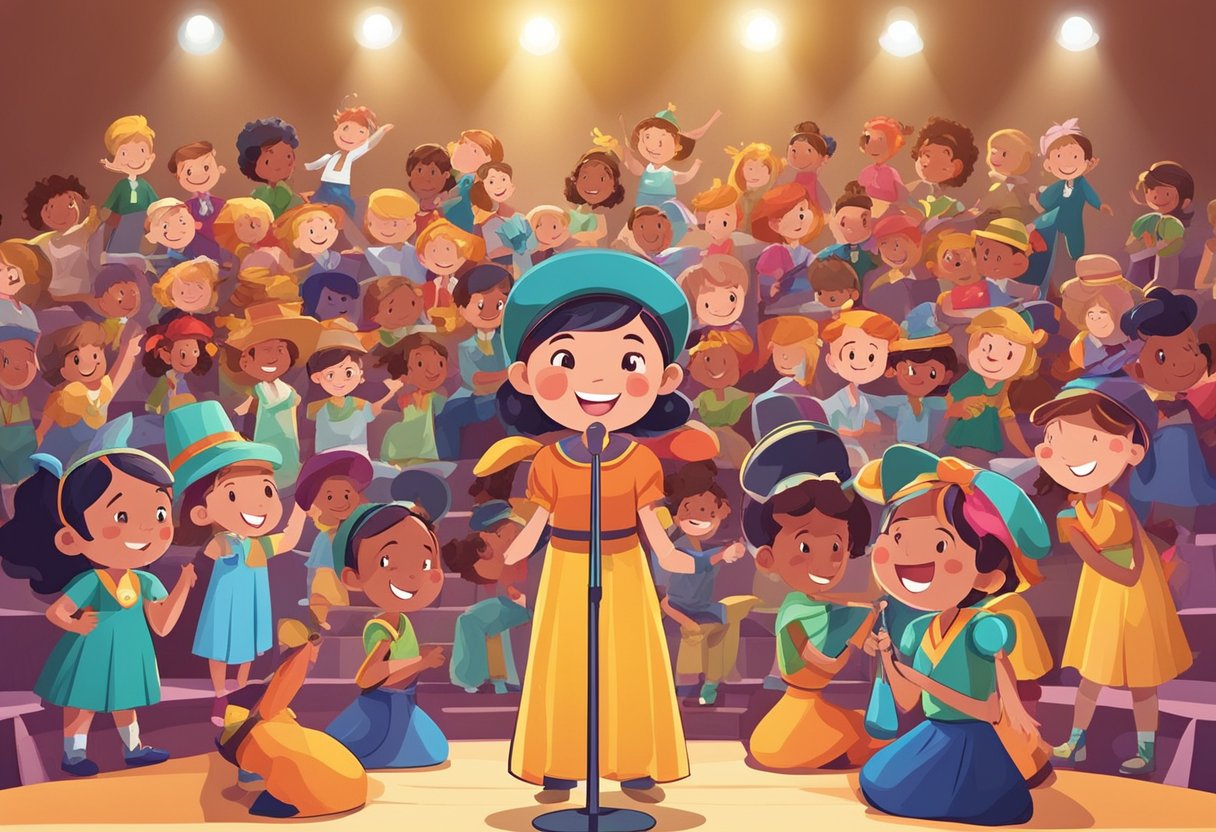 Children performing on a stage with colorful costumes, props, and a spotlight. Audience of parents and friends watching with excitement