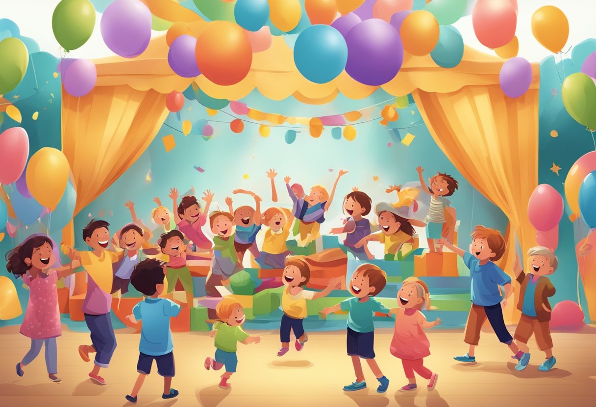 Children laughing and playing on a stage surrounded by colorful props and costumes, with adults supervising and engaging with the kids